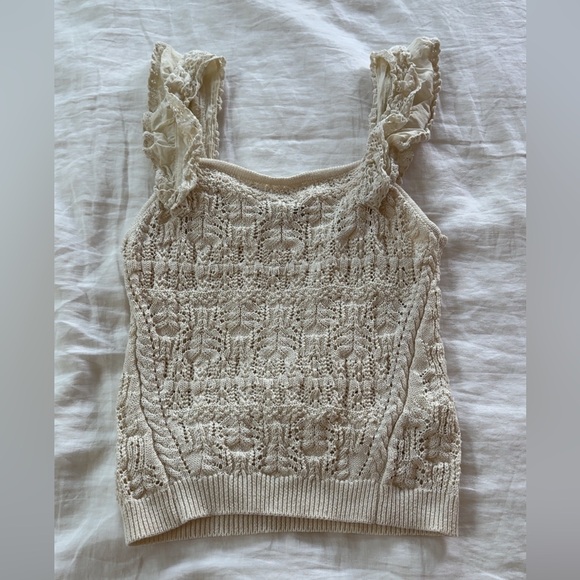 Dex Cream Ruched Lace Ribbed Sleeveless Knit Tank Top - Picture 1 of 7